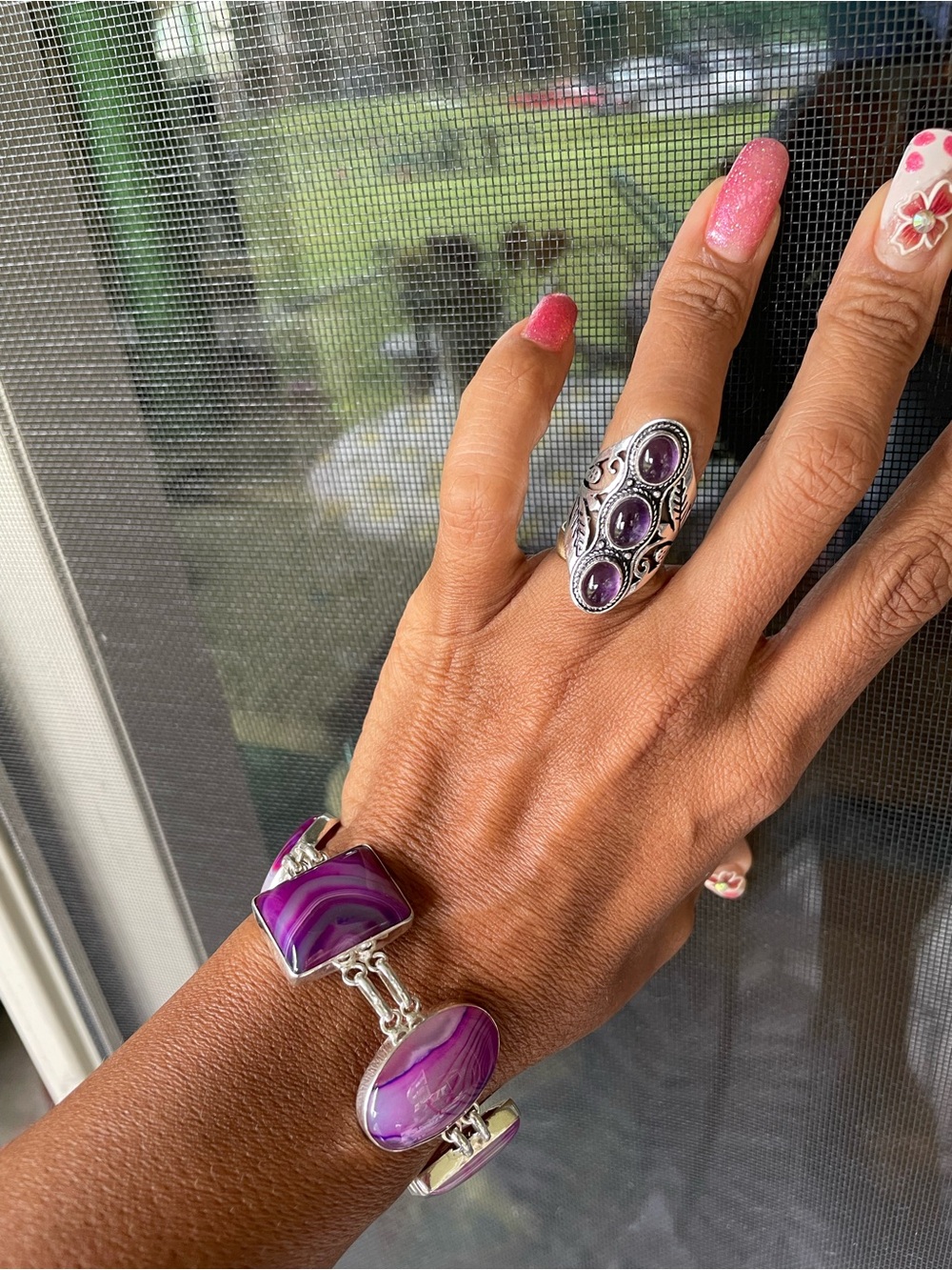 Purple Agate Silver Bracelet and Ring Set - Women Jewelry